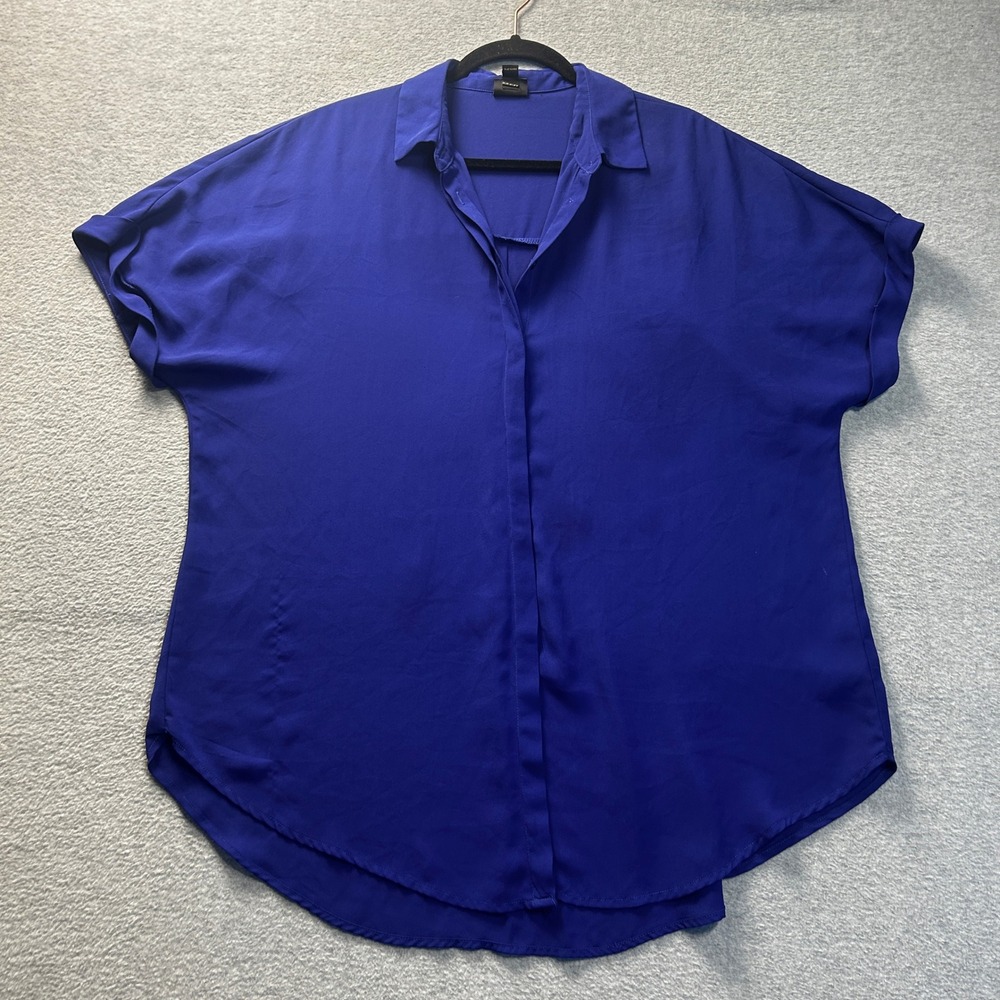 Button Front Blouse Woman Size 1X Royal Blue Short Sleeve Flowy Top Worthington